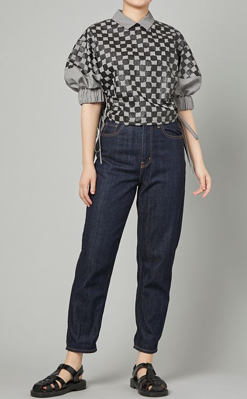 チェッカープリントサイドギャザーブラウス
