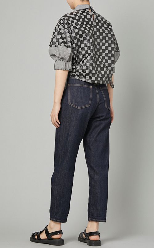 チェッカープリントサイドギャザーブラウス