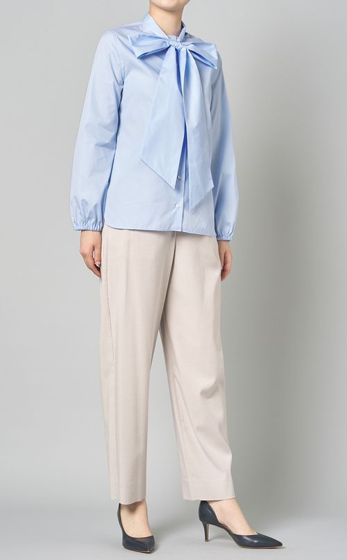 コットンソリッドボウタイ長袖ブラウス