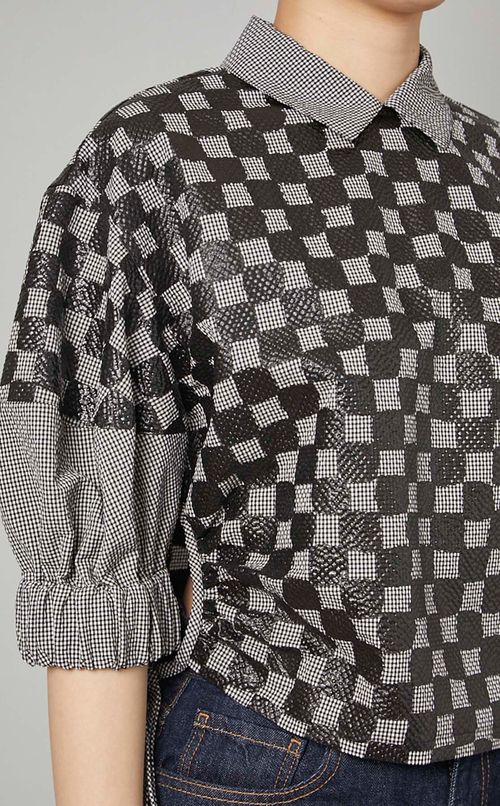 チェッカープリントサイドギャザーブラウス