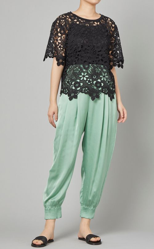 マクラメレース半袖ジャージトップス