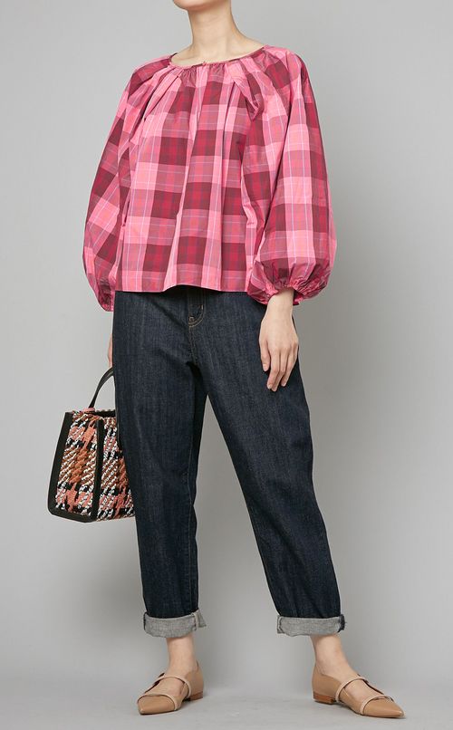 パフスリーブチェックプリントブラウス