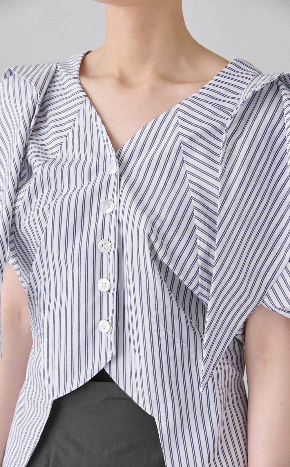 コットンストライプギャザーブラウス