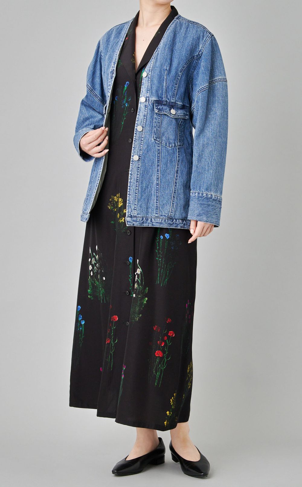 フラワープリントオープンカラーワンピース