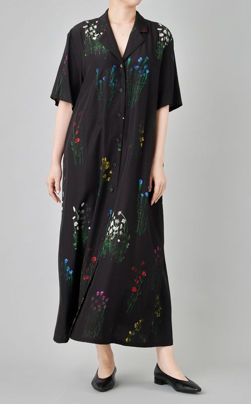 フラワープリントオープンカラーワンピース