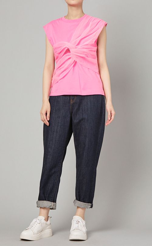 チュール付ノースリーブジャージトップス