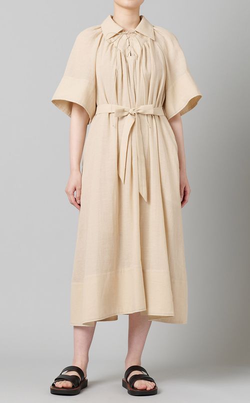 コットンレースアップギャザーワンピース