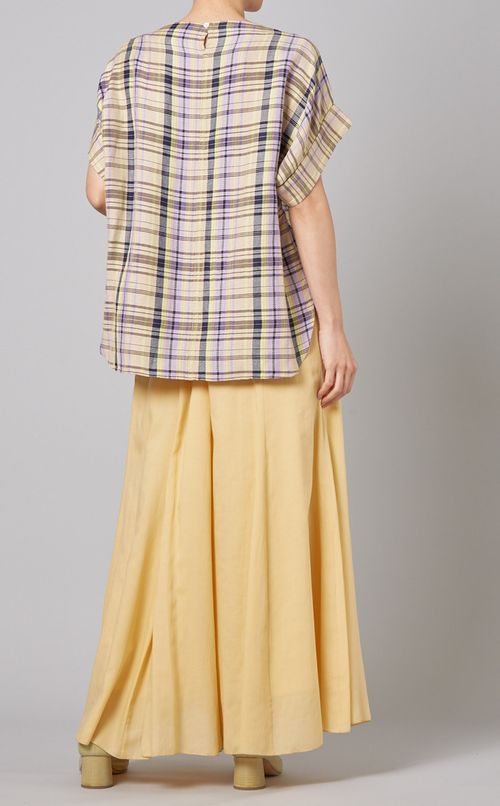 リネン混チェックブラウス