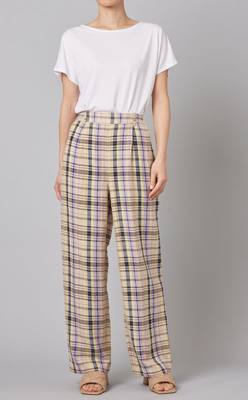 リネン混チェックパンツ