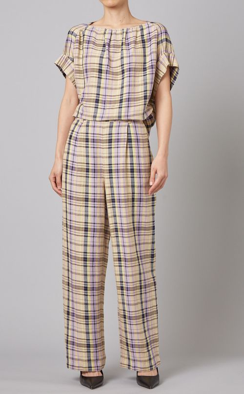 リネン混チェックブラウス