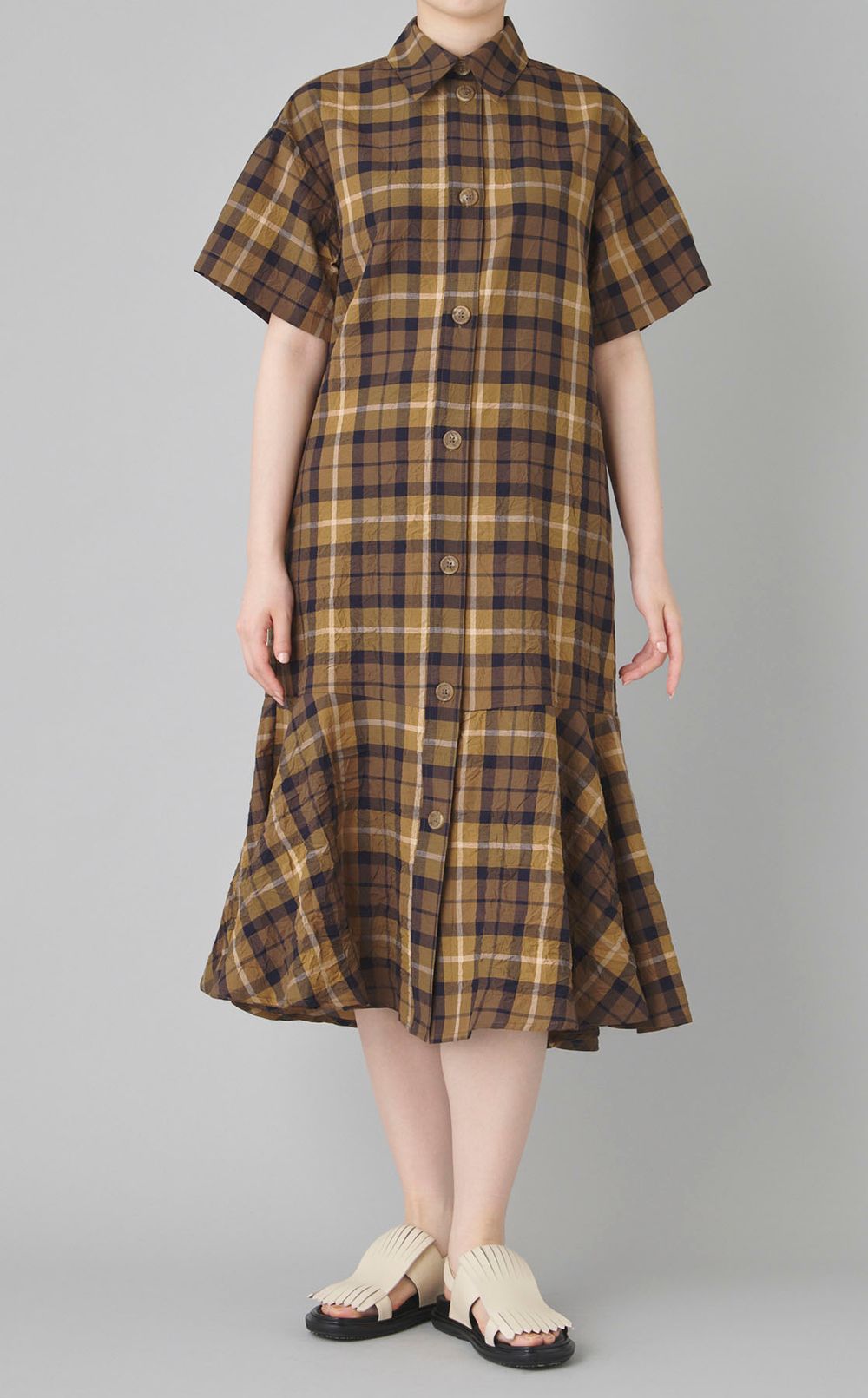 チェックプリントペプラムシャツワンピース