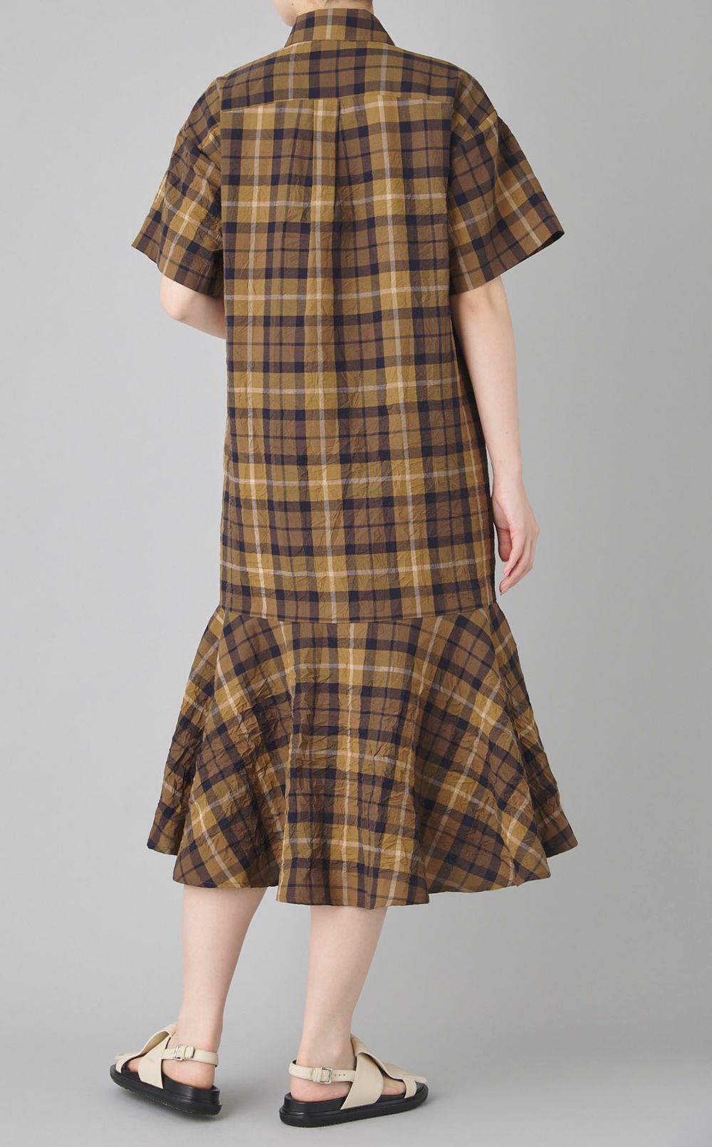 チェックプリントペプラムシャツワンピース