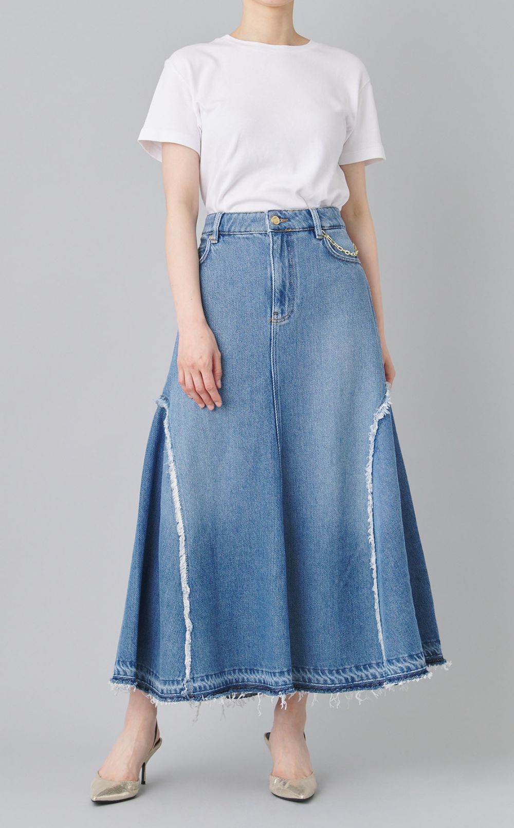 チェーン付デニムミディスカート