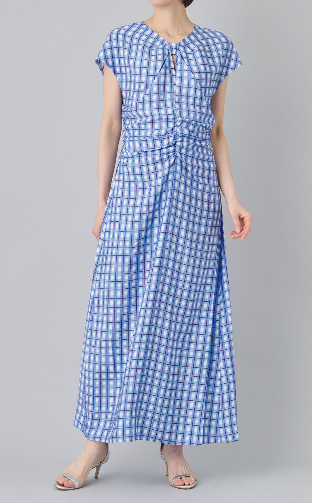 チェックプリントギャザーウエストワンピース