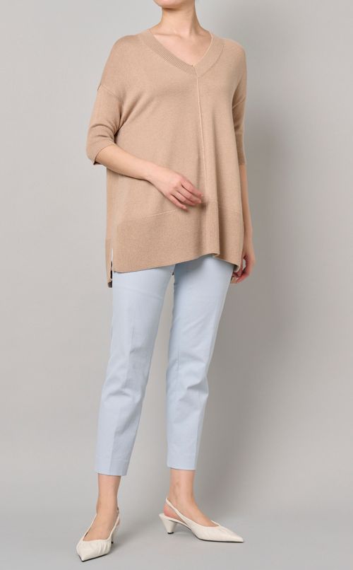 リネン混Vハーフスリーブニット