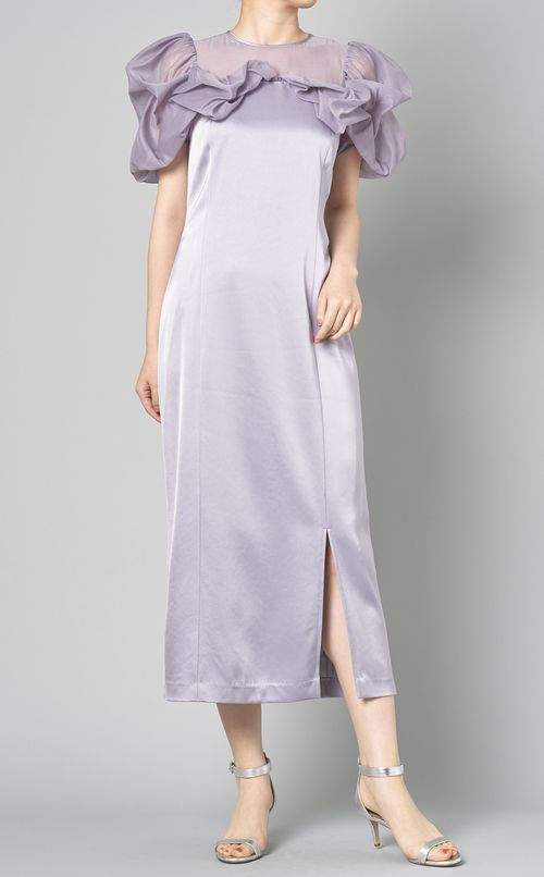 ラッフルスリーブシアーコンビドレス