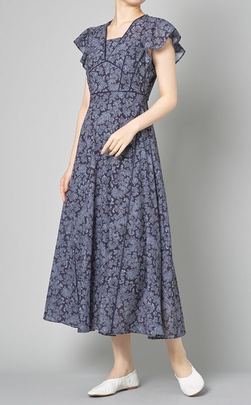 パイピングプリントシフォンワンピース