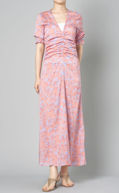 フラワープリントウエストギャザードレス