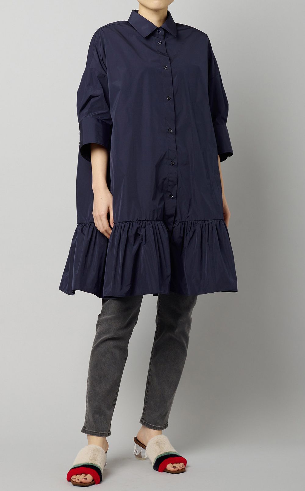 ギャザーフレアシャツワンピース