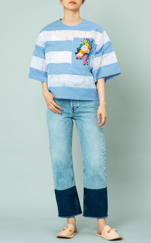 レースボーダーTブラウス