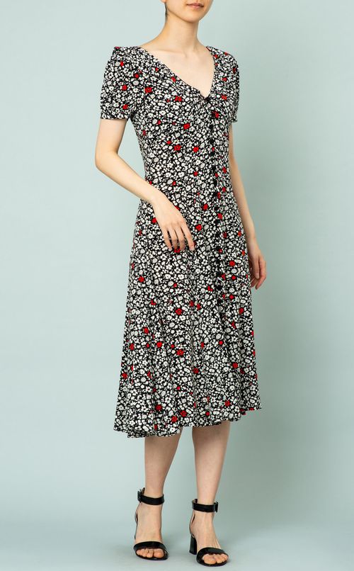 Vネックフラワープリントワンピース