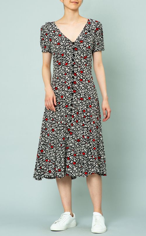 Vネックフラワープリントワンピース