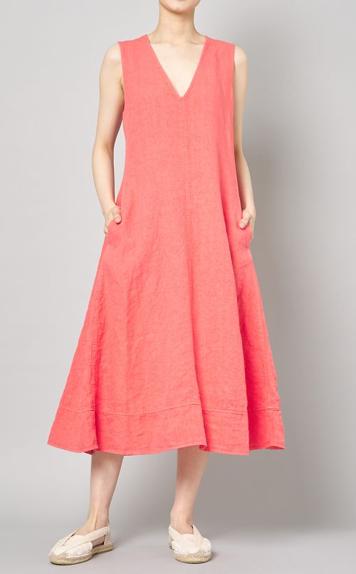Vネックリネンノースリーブワンピース
