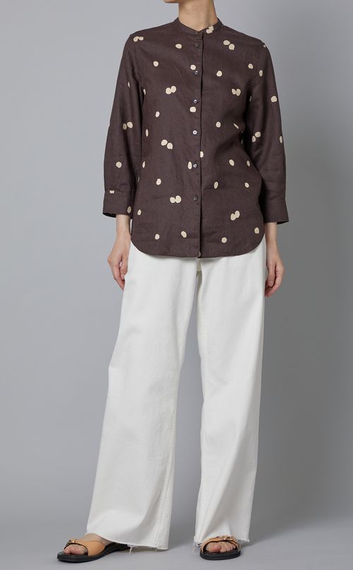 スタンドカラードッ卜プリントシャツ