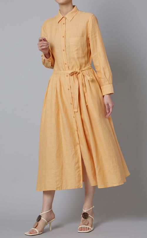 リネンギャザー長袖マキシワンピース