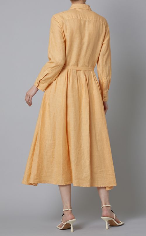 リネンギャザー長袖マキシワンピース