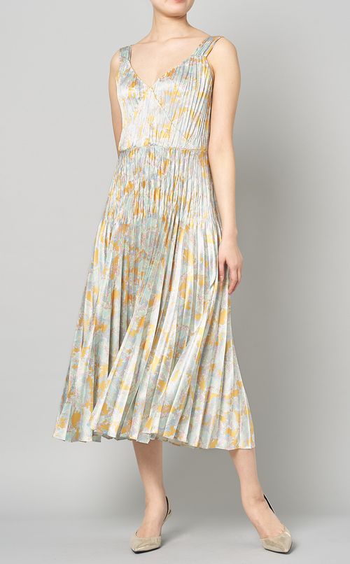 プリントVネックプリーツワンピース