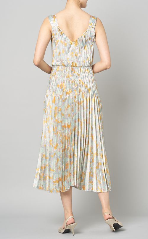 プリントVネックプリーツワンピース