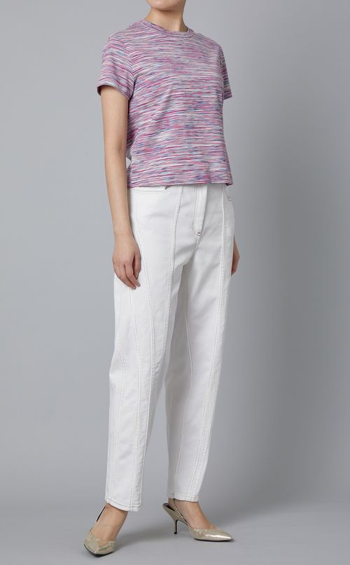 クルーネックボーダージャガードトップス