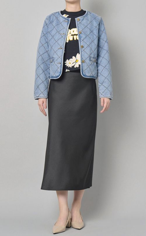 キルテッドデニムノーカラージャケット