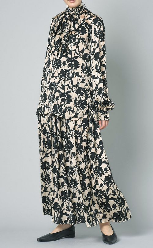 モノクロフラワープリントギャザースカート