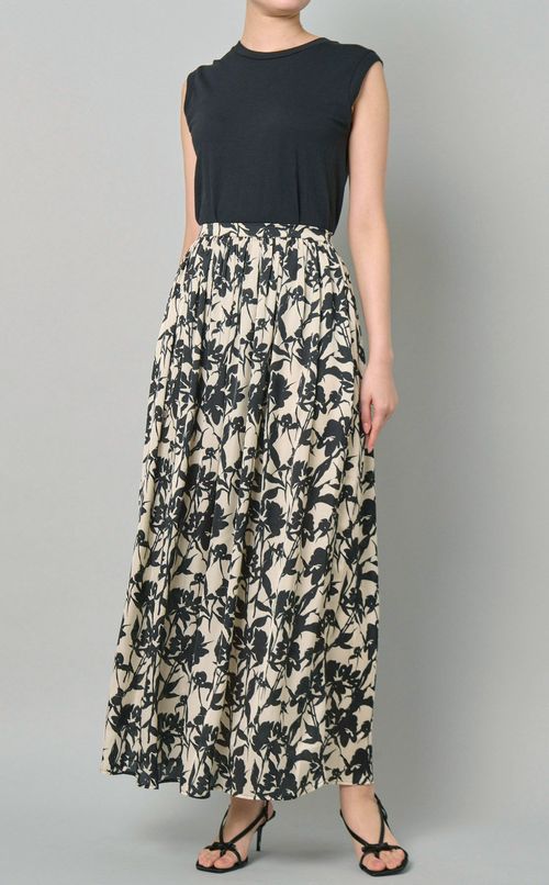 モノクロフラワープリントギャザースカート