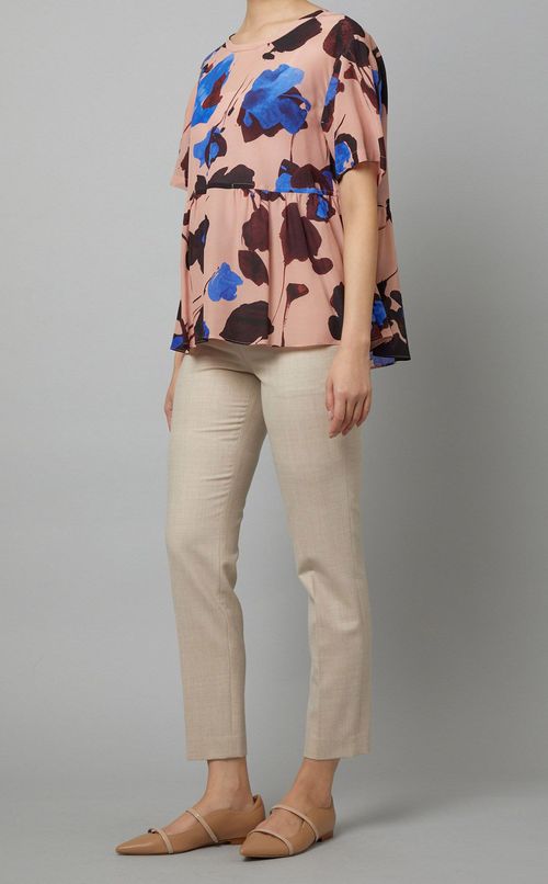 プリントクルーネックフレアブラウス