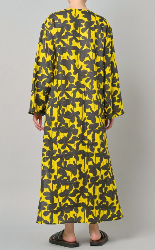 ブラックフラワープリントリネンワンピース