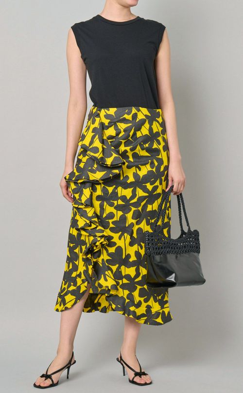 ブラックフラワープリントリネンスカート