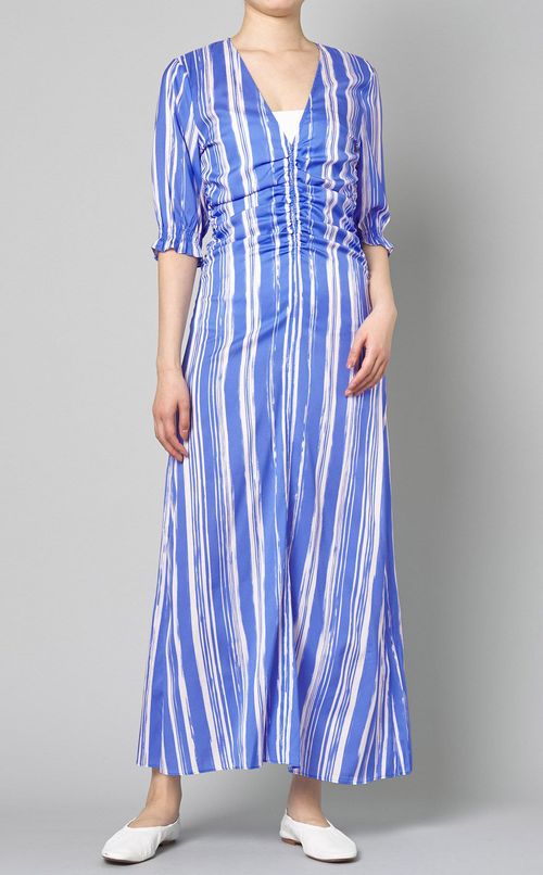 ストライププリントウエストギャザードレス