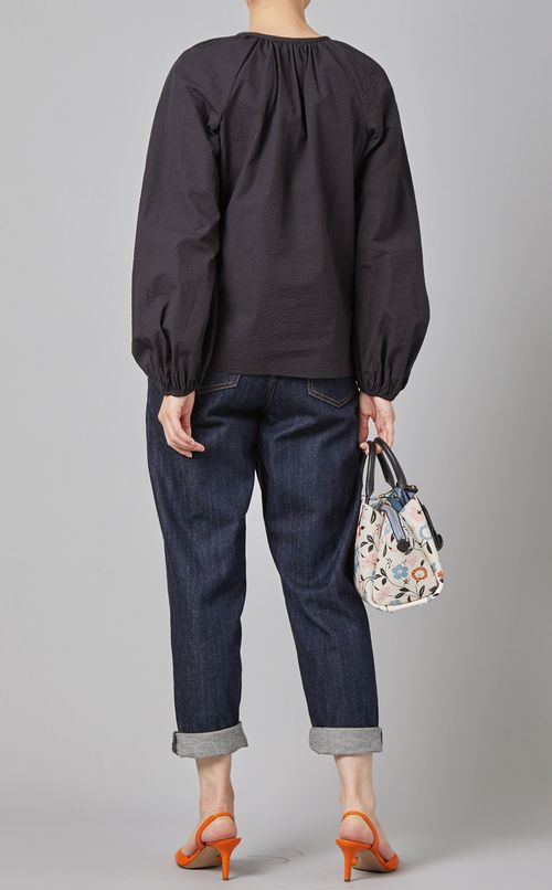 シアサッカーギャザーブラウス