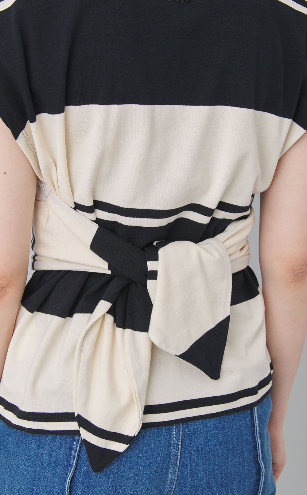 ボーダーリボンベルトトップス