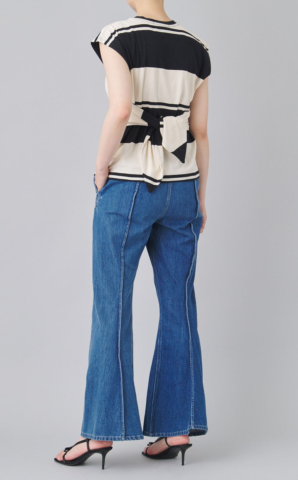 ボーダーリボンベルトトップス