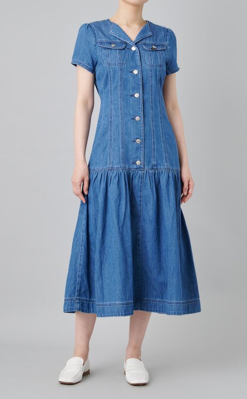 ノーカラーデニムワンピース