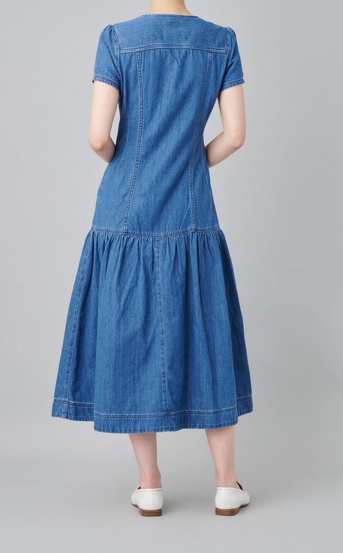 ノーカラーデニムワンピース