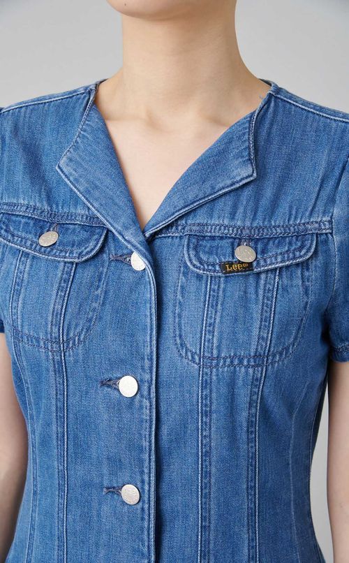 ノーカラーデニムワンピース