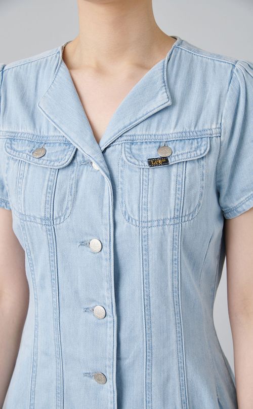 ノーカラーデニムワンピース