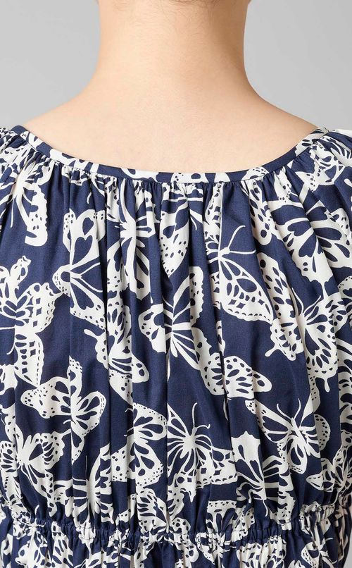 バタフライプリントギャザーワンピース