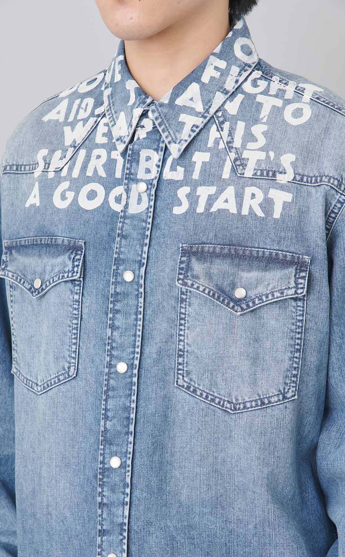 MM6 MASON MARGIERAラインストーン デニムシャツ MM6 Maison Margiela Distressed Panelled Denim Shirt | Grey
