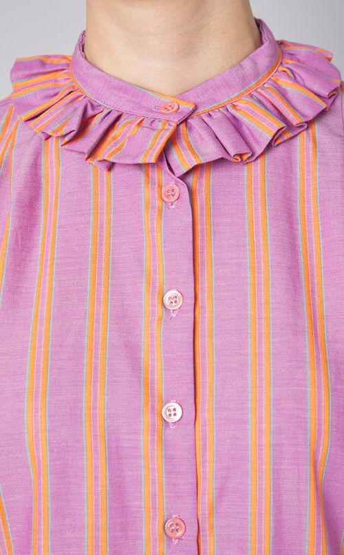 ストライププリントフリルネックブラウス